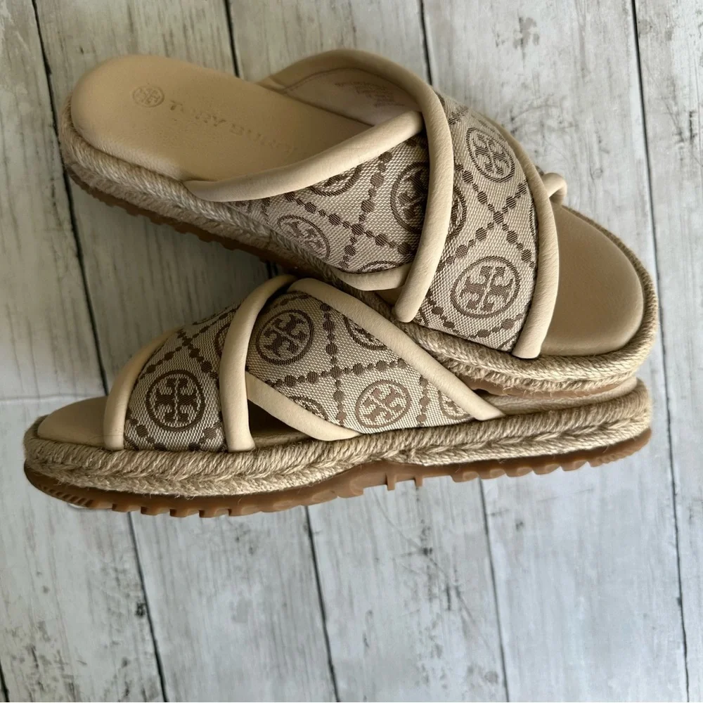 PREOWNED TORY BURCH T MONOGRAM CROSS ESPADRILLES SLIDE SANDALS CREAM 7 WOMEN - Picture 2 of 6